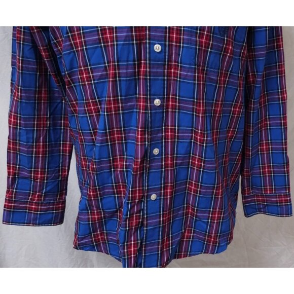 Chaps Easy Care Mens Medium Blue Red Plaid Long Sleeve Button Down Logo Shirt - Picture 3 of 11